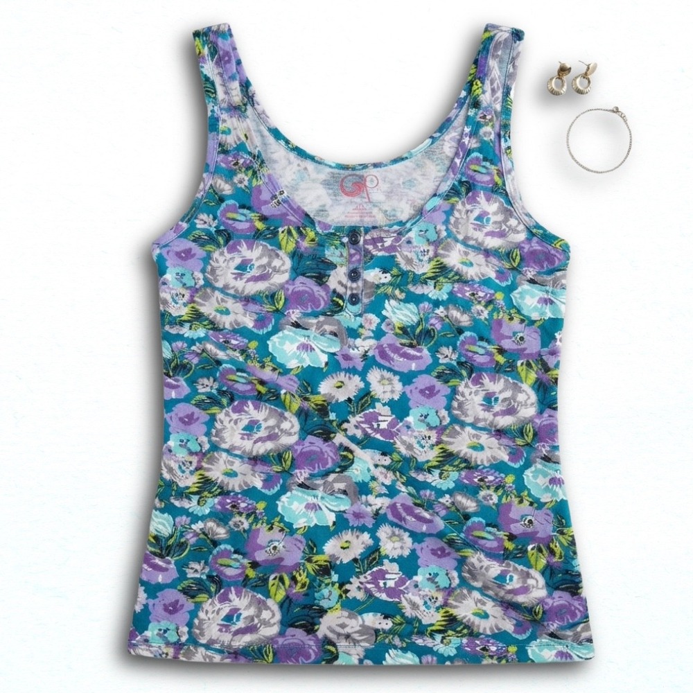 Op Ocean Pacific Floral Tank Top Purple Teal Y2K Henley Organic Cotton L/G 11/13